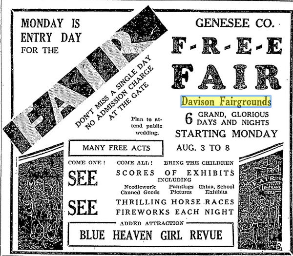 Davison Fairgrounds - 1920S Ad